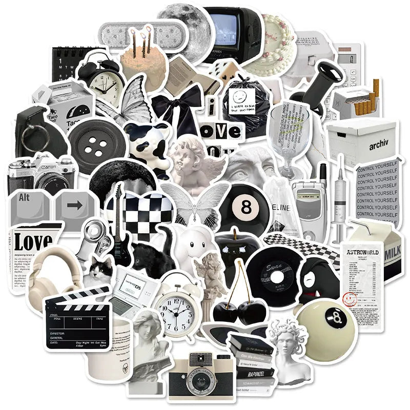 61-piece black and white waterproof PVC sticker set for laptops, phones, and cups.