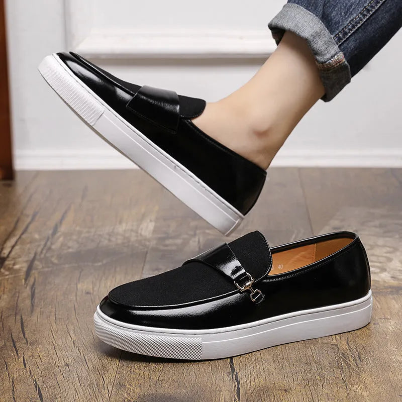 Men's Leather Shoes Business Slip-on Casual Shoes with Rubber Sole and Sewing Line Detail Black or Red Low Top Round Head Design Available in Sizes 38-48
