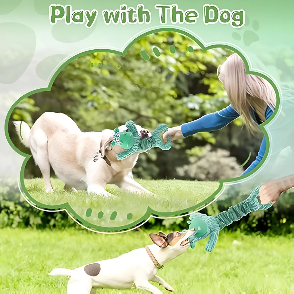 Large plush dog toy with a handle, showing telescopic design, in bright colours for interactive squeaky and crinkle play.