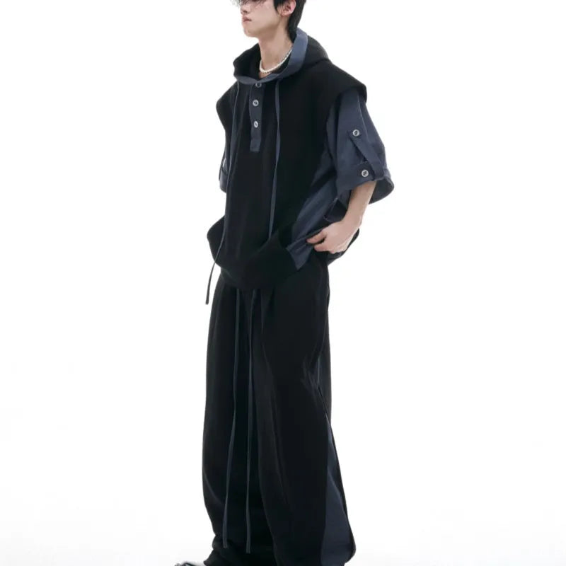 Men's black polyester sports leisure suit with hooded short sleeve jacket and trousers