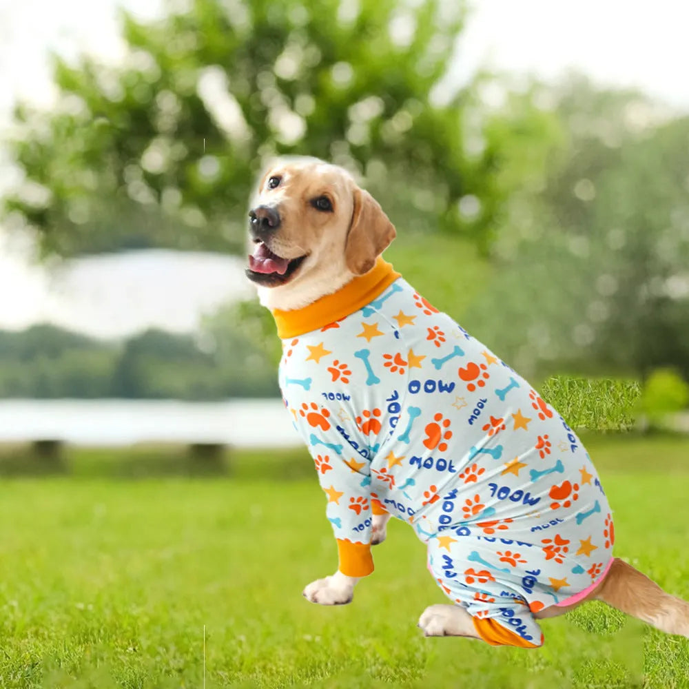 Cotton four-legged dog jumpsuit with colourful print pattern on small dog