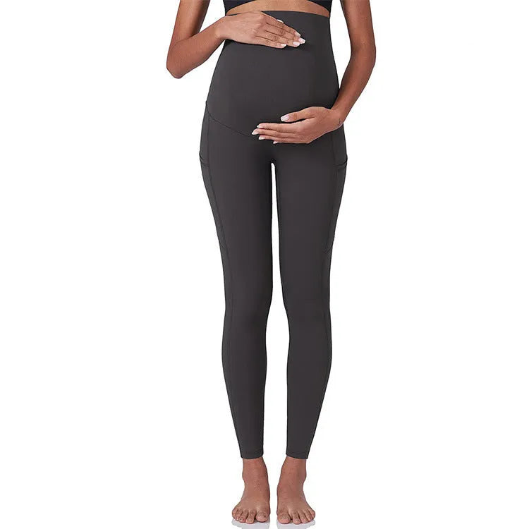 Antenatal yoga workout exercise pants in black, high elasticity polyester, tight fit with abdominal support