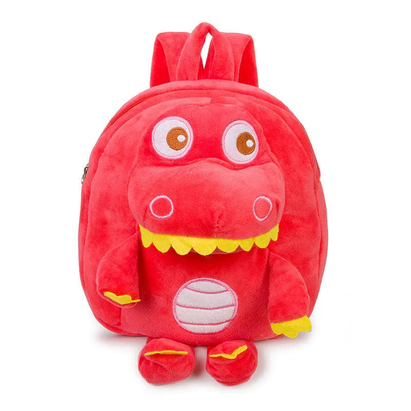 Baby dinosaur plush toy backpack with embroidery design in blue colour showing soft handle and animal pattern
