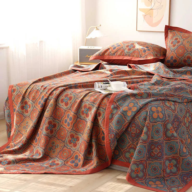Cotton gauze bed blanket three-piece set with floral pattern and matching pillowcases