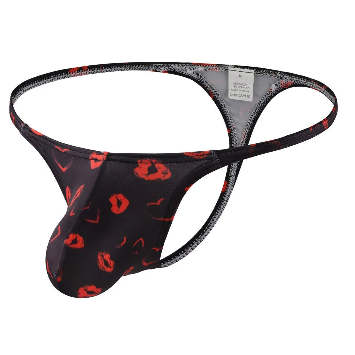 Men's low waist T-back shorts with couple theme cartoon pattern in breathable nylon fabric