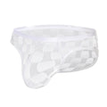 Men's black and white plaid mesh underpants showing U-convex design and lace fabric.