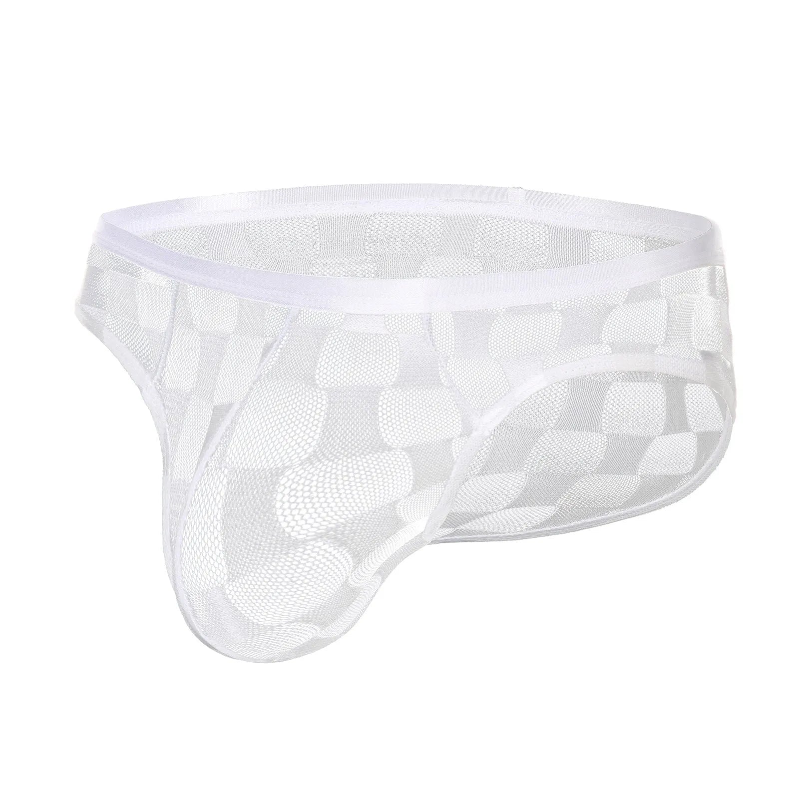 Men's black and white plaid mesh underpants showing U-convex design and lace fabric.