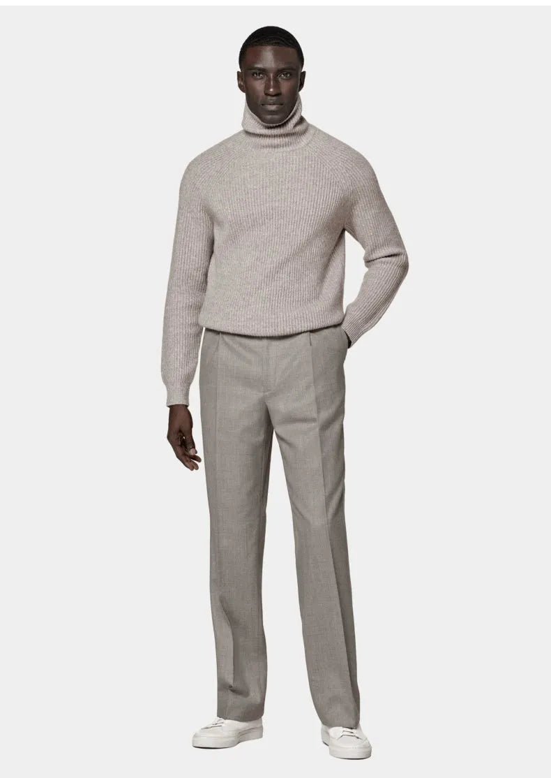 Men's cashmere high-neck knitted sweater in brown colour, 100% goat hair long sleeve pullover