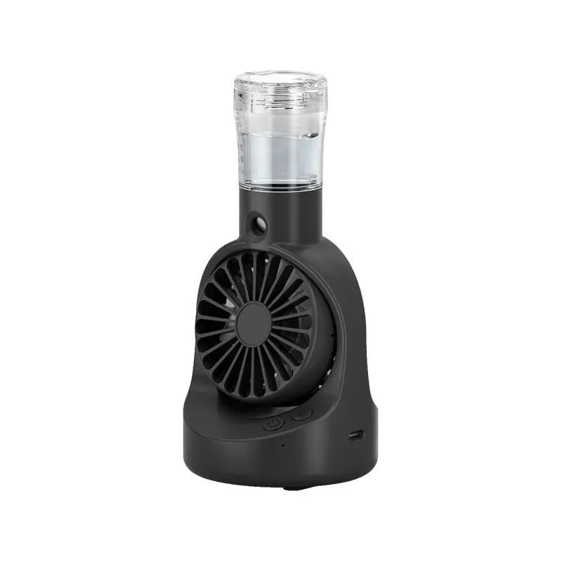 Handheld portable mist fan showing transparent water tank and multiple colour options