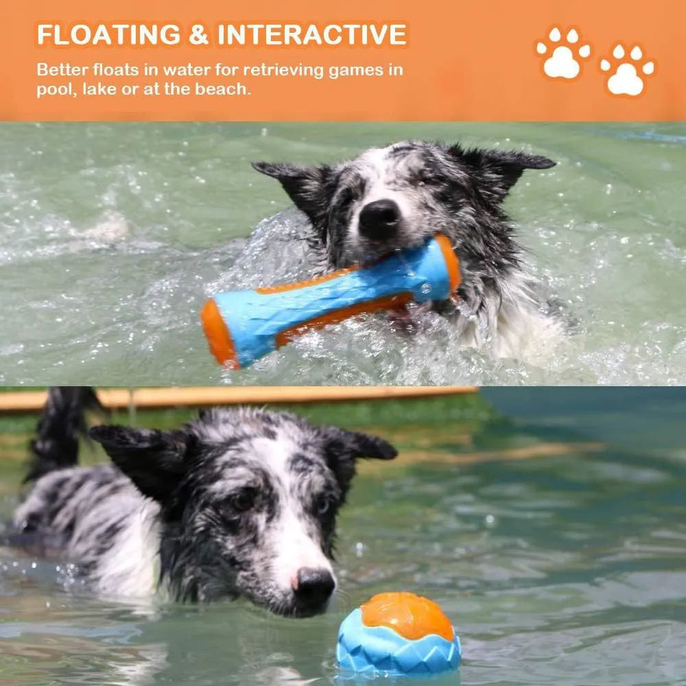 Set of three TPR dog toys: a spiky ball, a barbell, and a tyre, all floating in water.