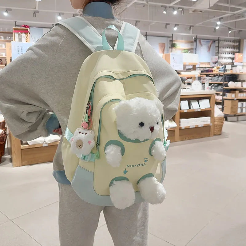 Cute Bear nylon school backpack in macaron colours with curved shoulder straps and 20-35L capacity