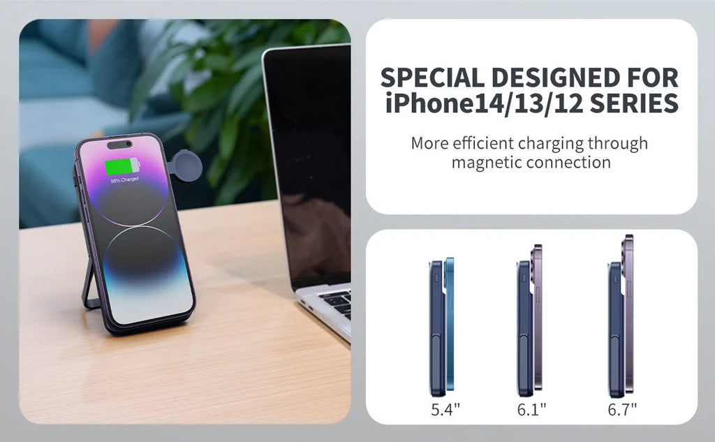 Black magnetic wireless power bank with 10000mAh capacity showing bracket design