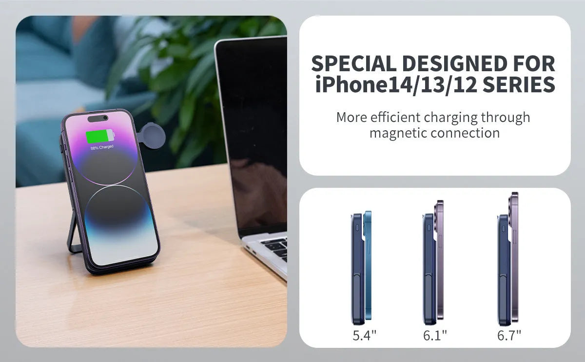 Black magnetic wireless power bank with 10000mAh capacity showing bracket design