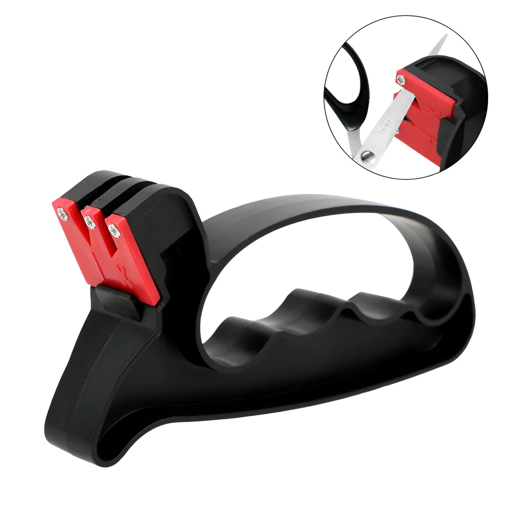 Black handheld knife and scissor sharpener with ergonomic handle on a plain background.