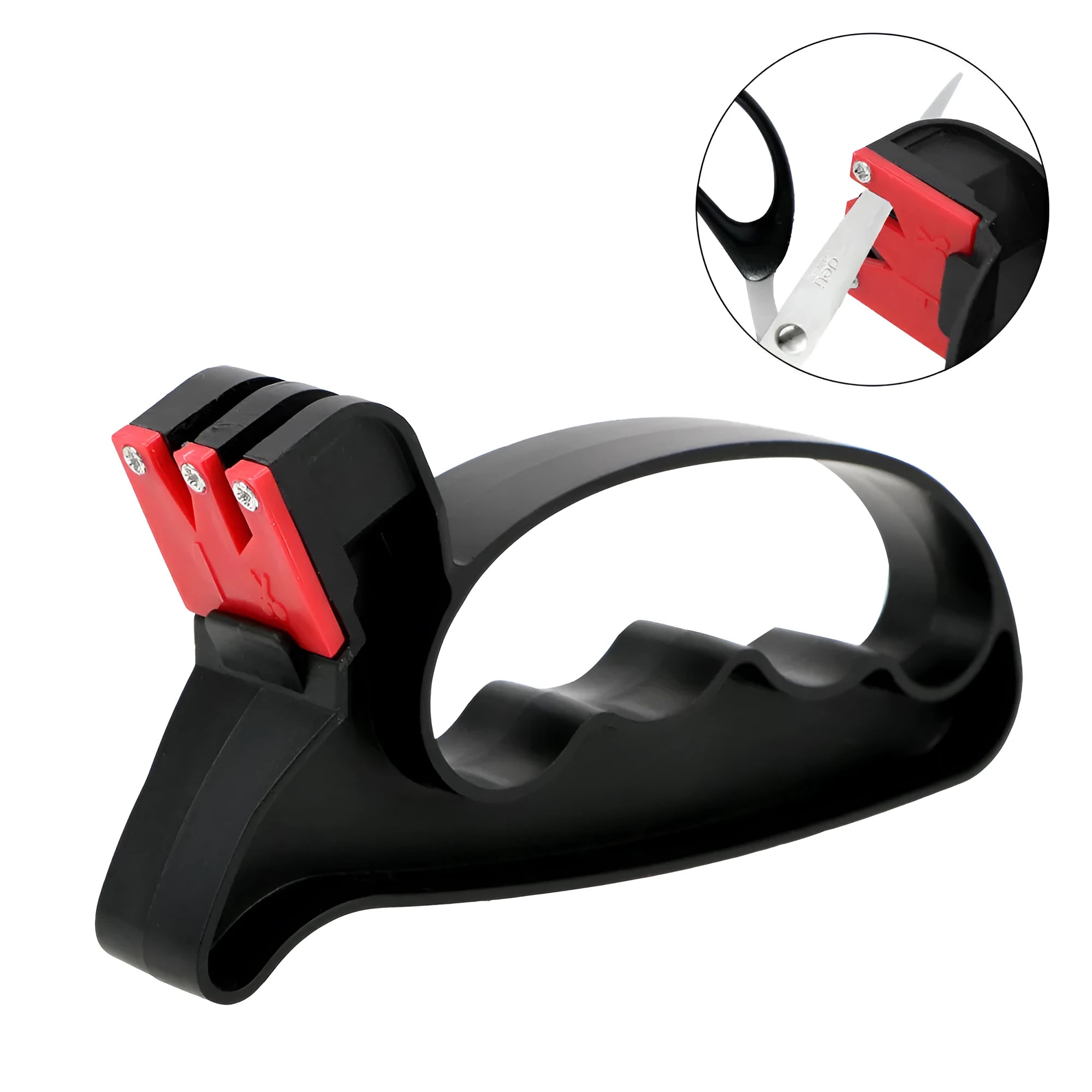Black handheld knife and scissor sharpener with ergonomic handle on a plain background.