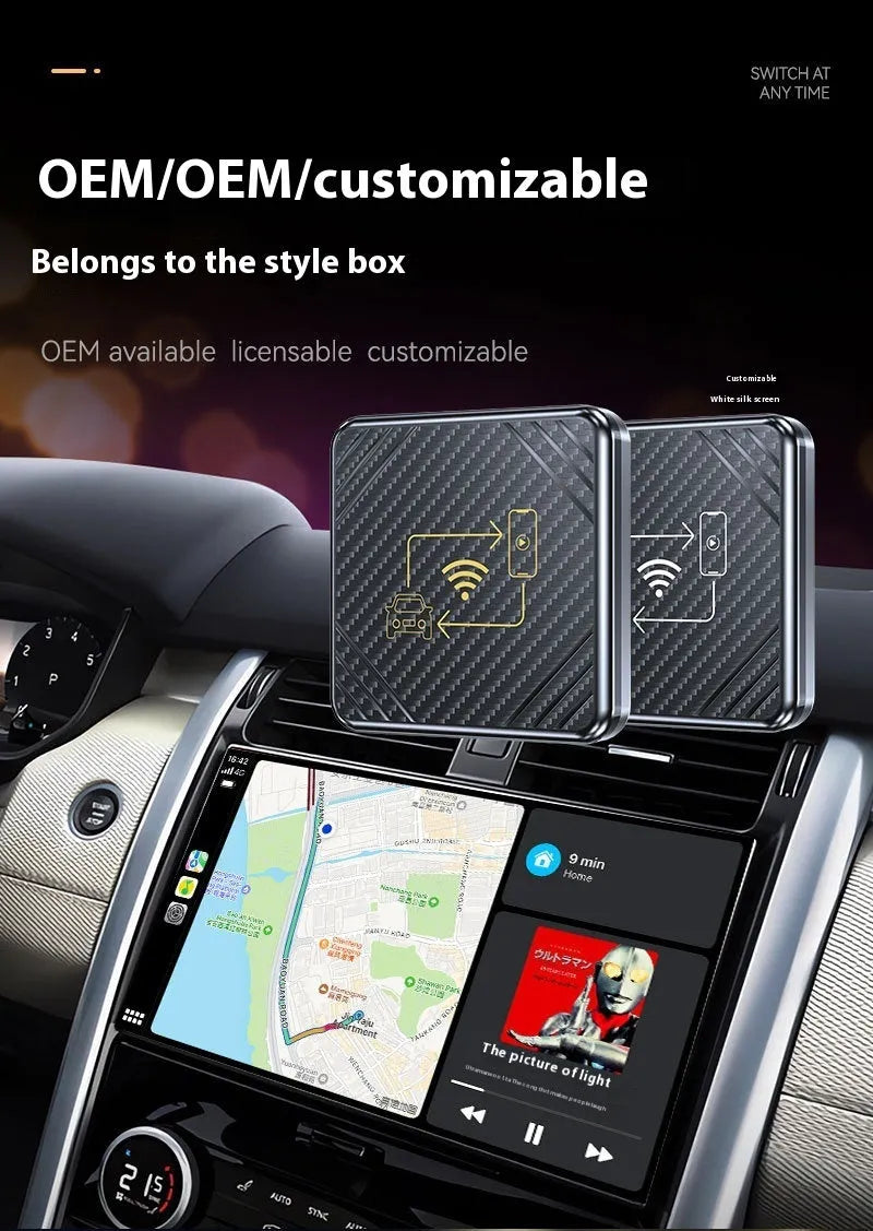 USB to wireless CarPlay and Android Auto conversion smart box in gold and white colours