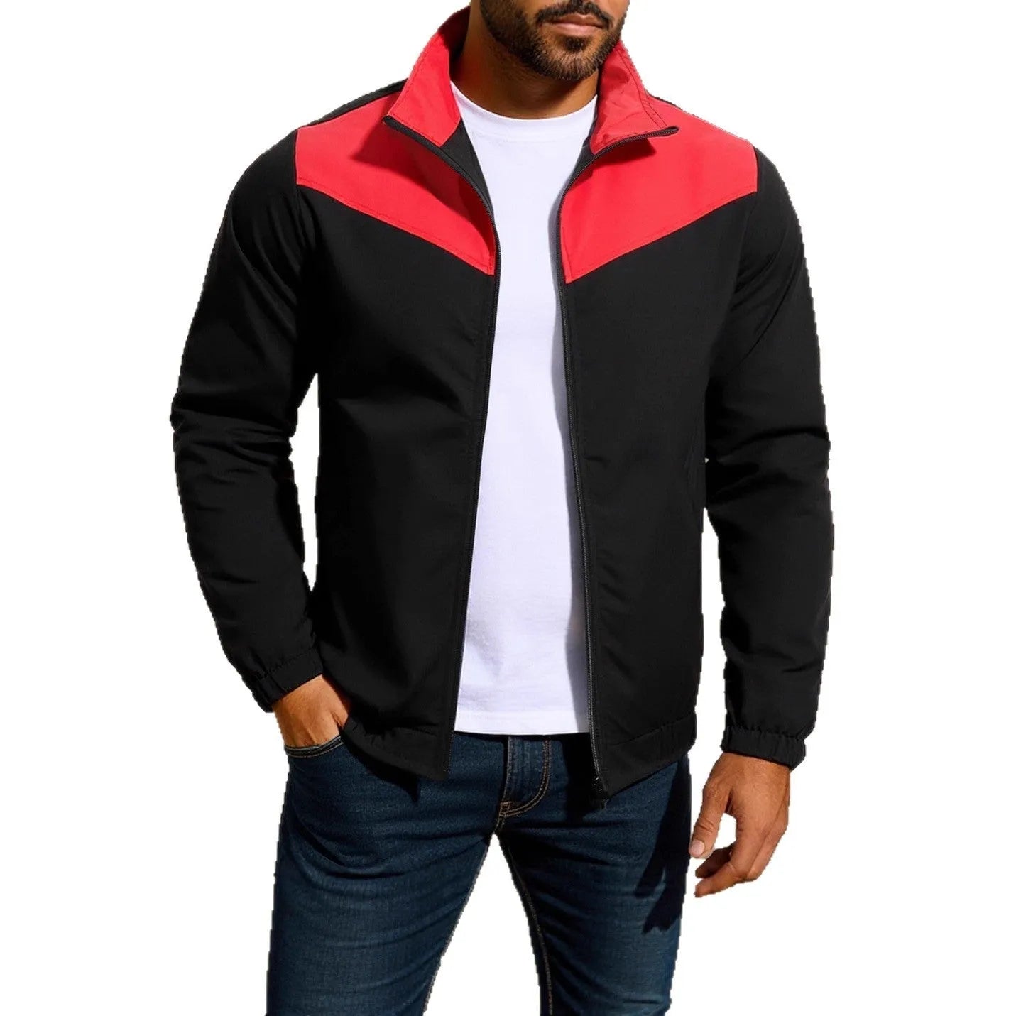 Men's windproof polyester jacket with high collar and colour matching zipper in green colour