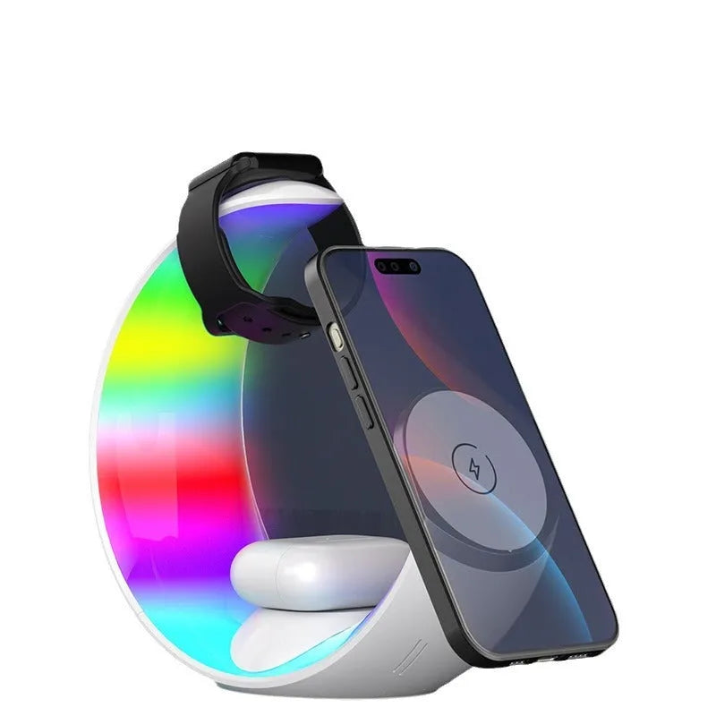 White wireless ambience night lamp and USB charger unit with Type-C port for phones and watches.
