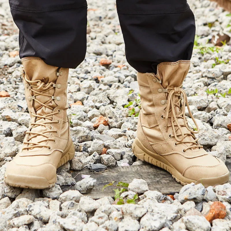 Summer Yulong unisex tactical combat and climbing boots in black and sand colours.