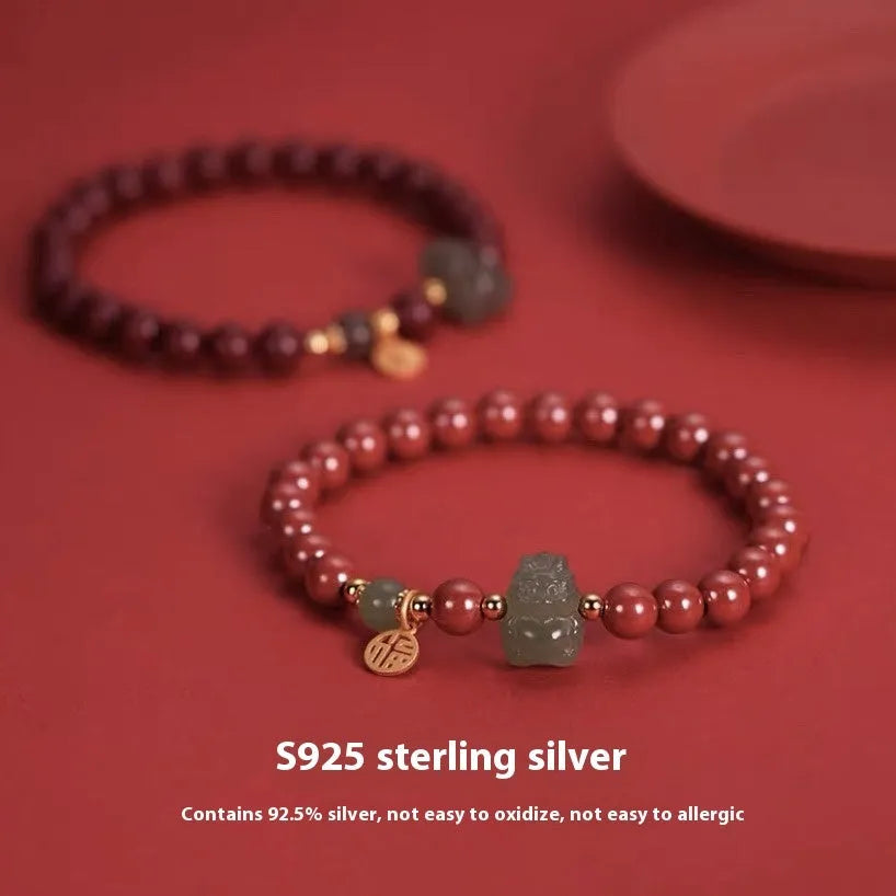 Natural Hetian Jade Cinnabar Bracelet with 8mm beads in Emperor sandstone style.