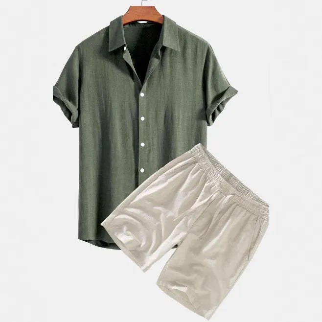 Men's solid colour casual shorts suit set with short-sleeved shirt and matching shorts on a hanger