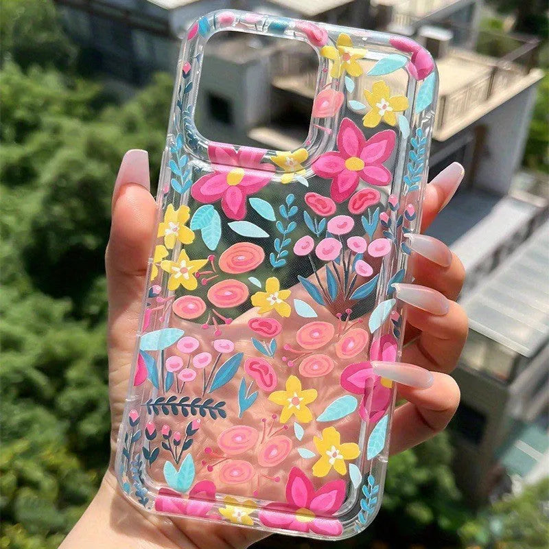 Transparent TPU phone case with bright colourful flower print and airbag corners for Apple iPhone