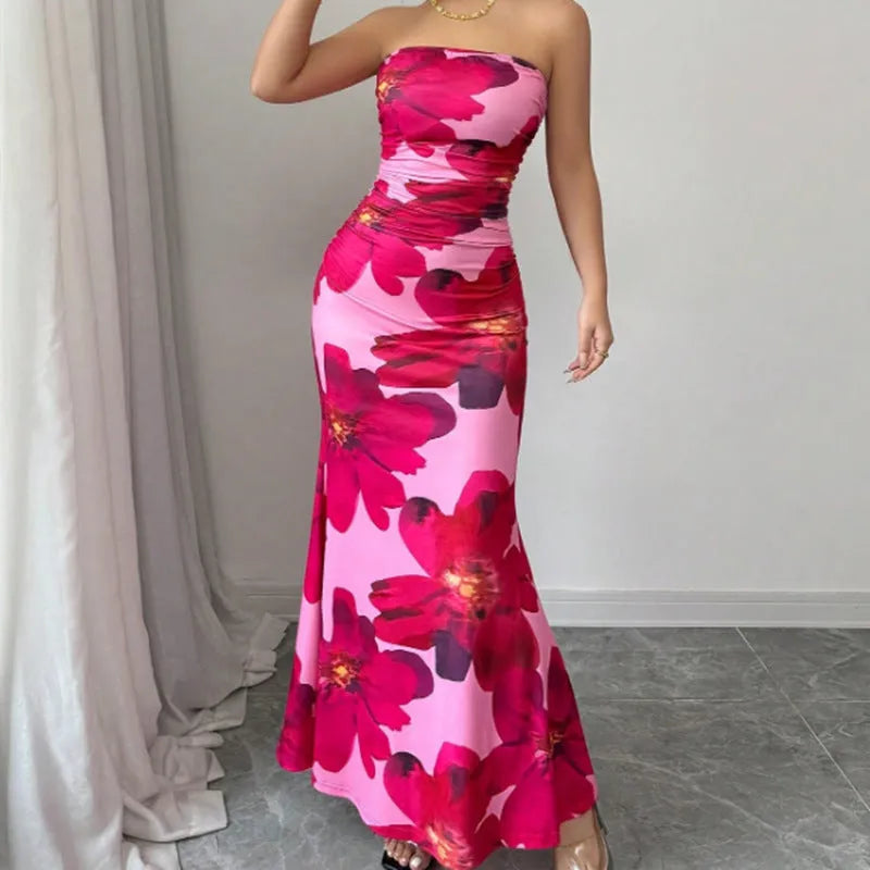 Slim fit long dress with pink flower print, sleeveless high waist hip skirt style for women