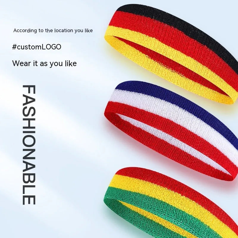 Multicolour sports headband for adults, shown in Red Yellow Blue, dimensions 5.5cm by 20cm.