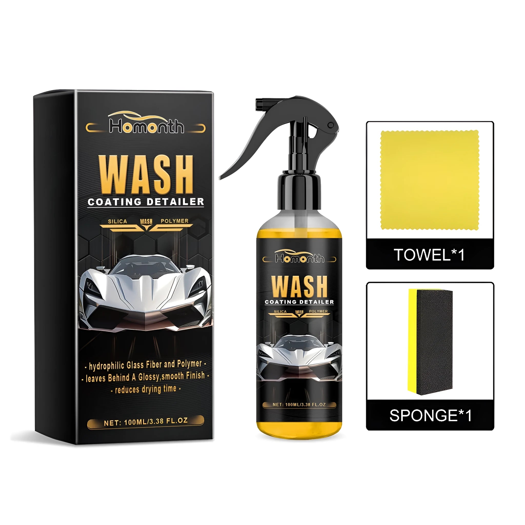 Car wash coating detailer kit with PET spray bottle, sponge, and microfibre cloth for vehicle detailing