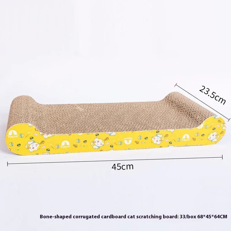 Corrugated paper cat scratch board in a geometric shape option such as bone type or trapezoid.