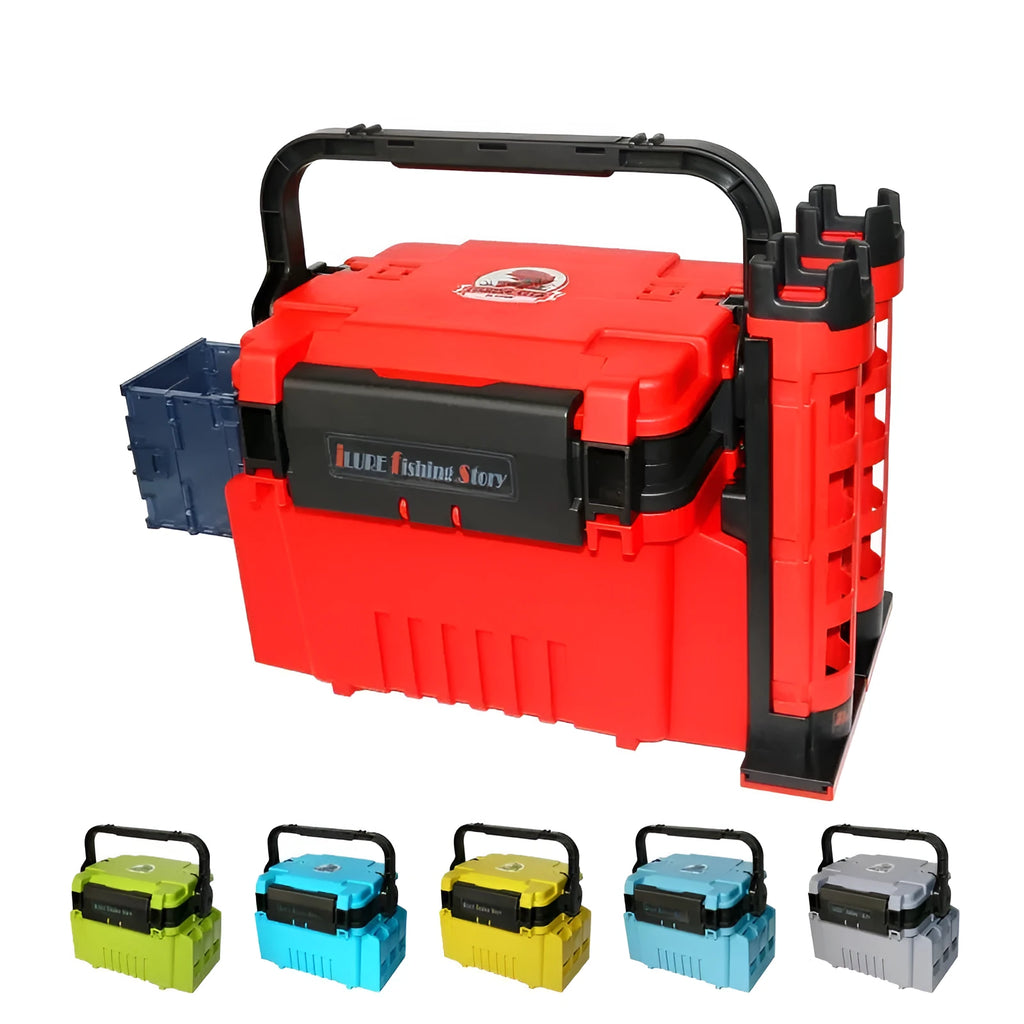 Portable double-layer ABS plastic bait fishing box in blue with pole holder and cup holder