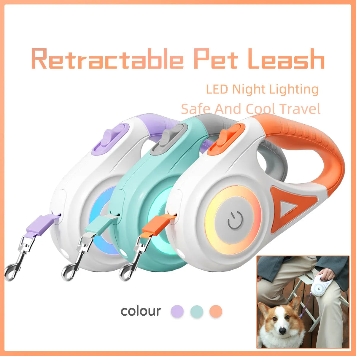 Retractable dog leash with one-handed brake in Dream Purple 3m – ABS body with large grip handle and collar