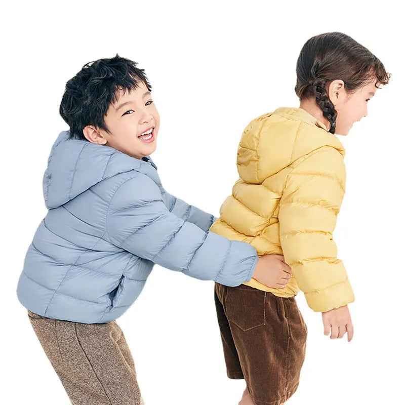 Neutral boys and girls hooded down jacket, solid colour, nylon shell, available in Classic Black and other colours