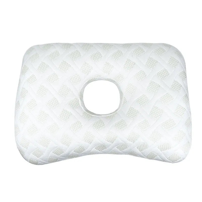 Beauty salon single hole ear pillow for adults in grey plaid pattern, showing dimensions.