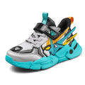 Children's leather-look running shoes with Velcro straps in yellow, black-red, and blue colour options
