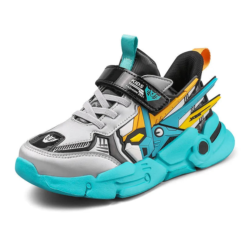 Children's leather-look running shoes with Velcro straps in yellow, black-red, and blue colour options