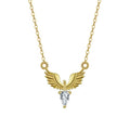 Close-up of a women's adjustable silver necklace with an eagle pendant on an O-ring chain, showing white gold and yellow gold colour options.