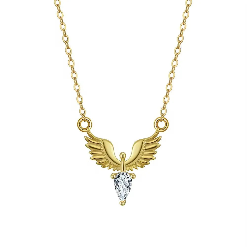 Close-up of a women's adjustable silver necklace with an eagle pendant on an O-ring chain, showing white gold and yellow gold colour options.