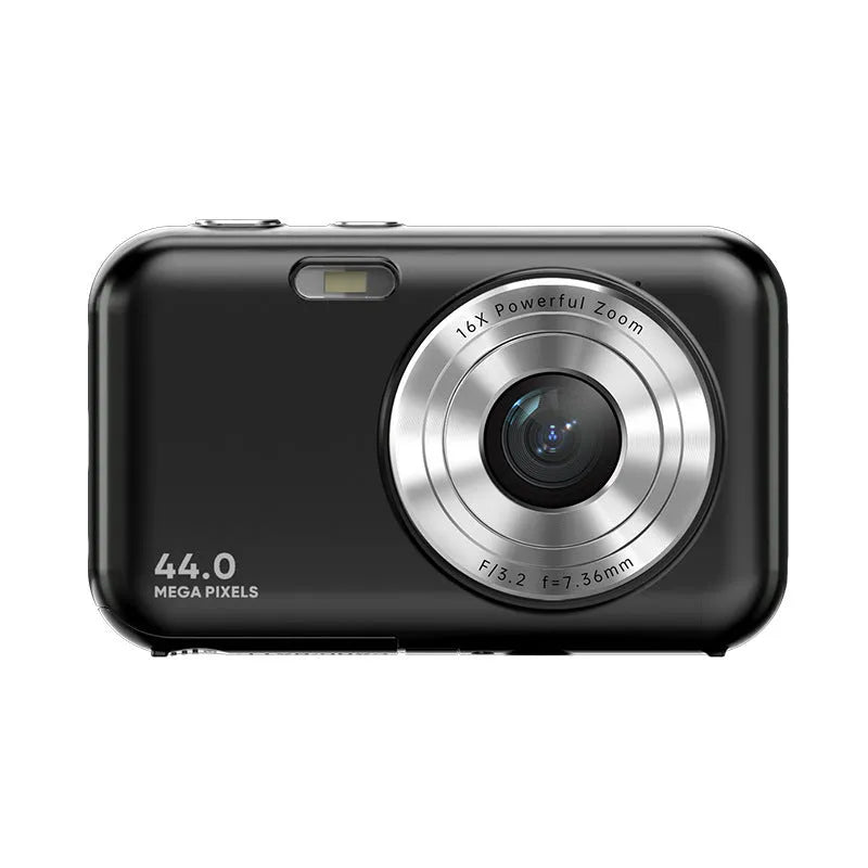 Children's digital camera in purple showing its 2.4-inch screen and lens.