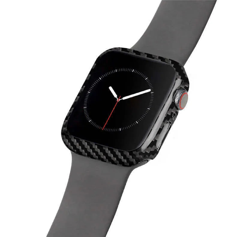 Half wrap leather case for Apple Watch 4 in 44mm size, shown in black with carbon fibre details