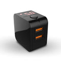 Black 5V2A dual USB wall charger with digital display screen, showing charging percentage, next to a UK 3-pin plug.