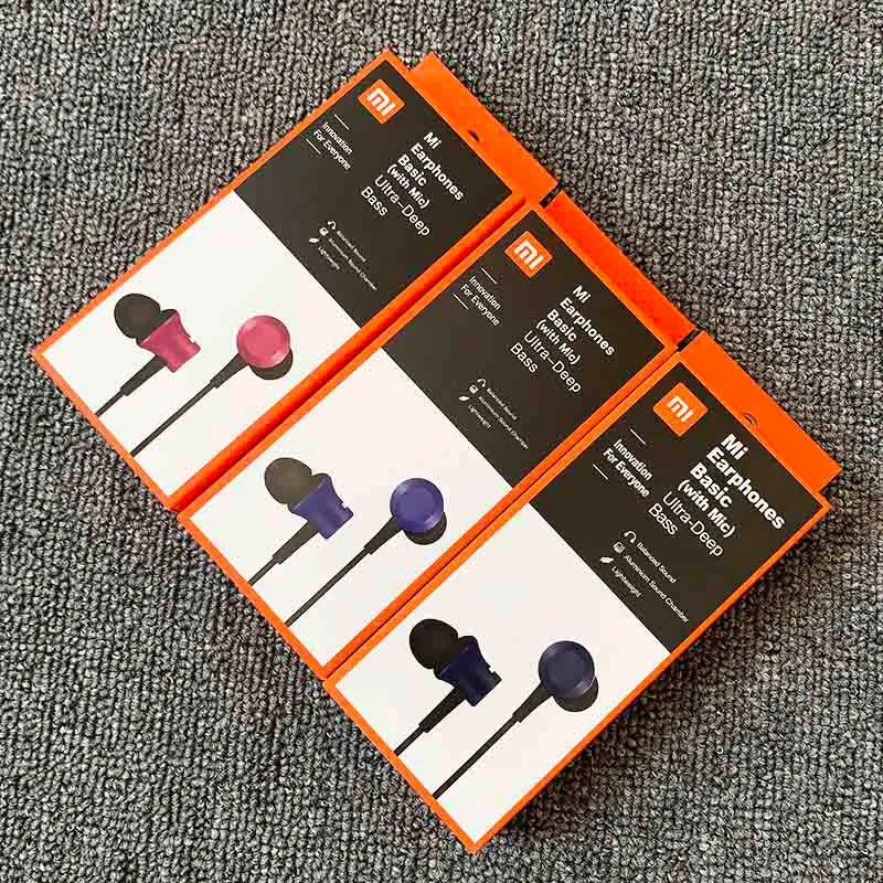 Piston-style wired in-ear headphones with 3.5mm jack in black, blue, and red colour options.