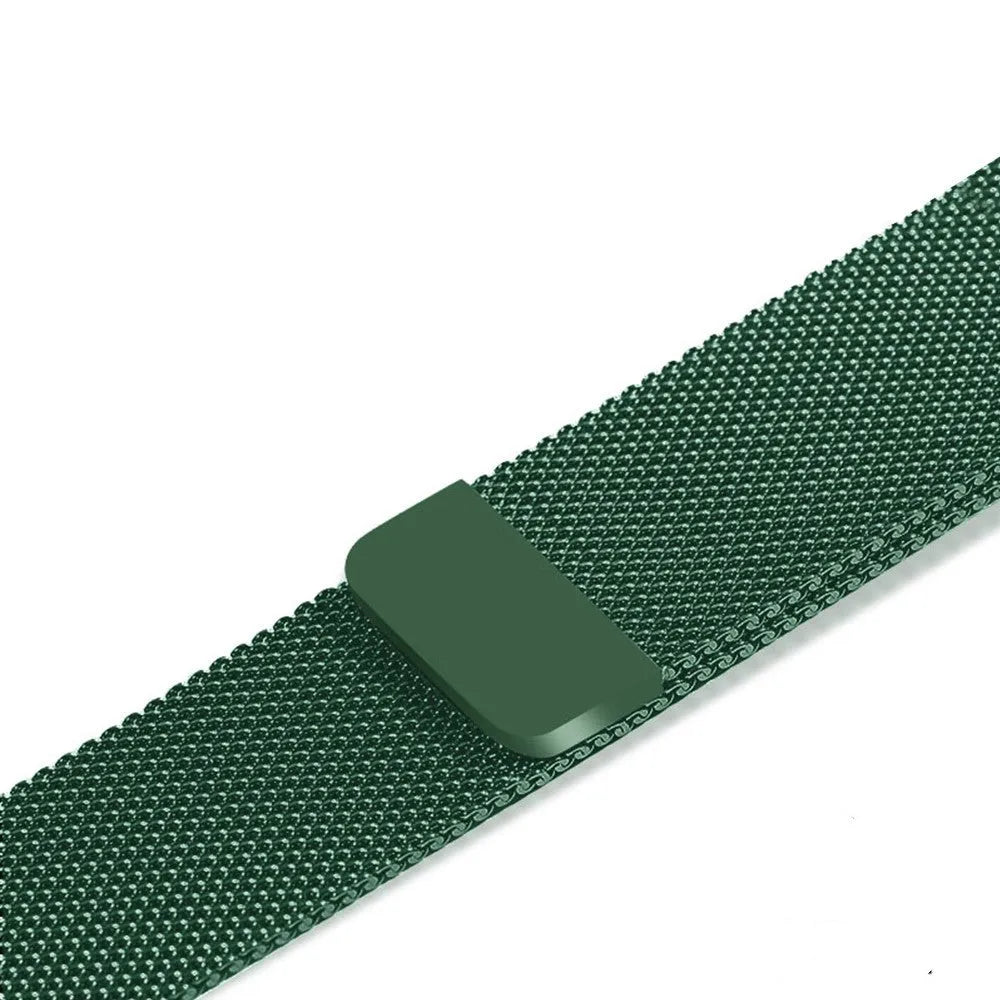 Stainless steel watch strap in silver, shown next to black, gold, and rose gold colour options.