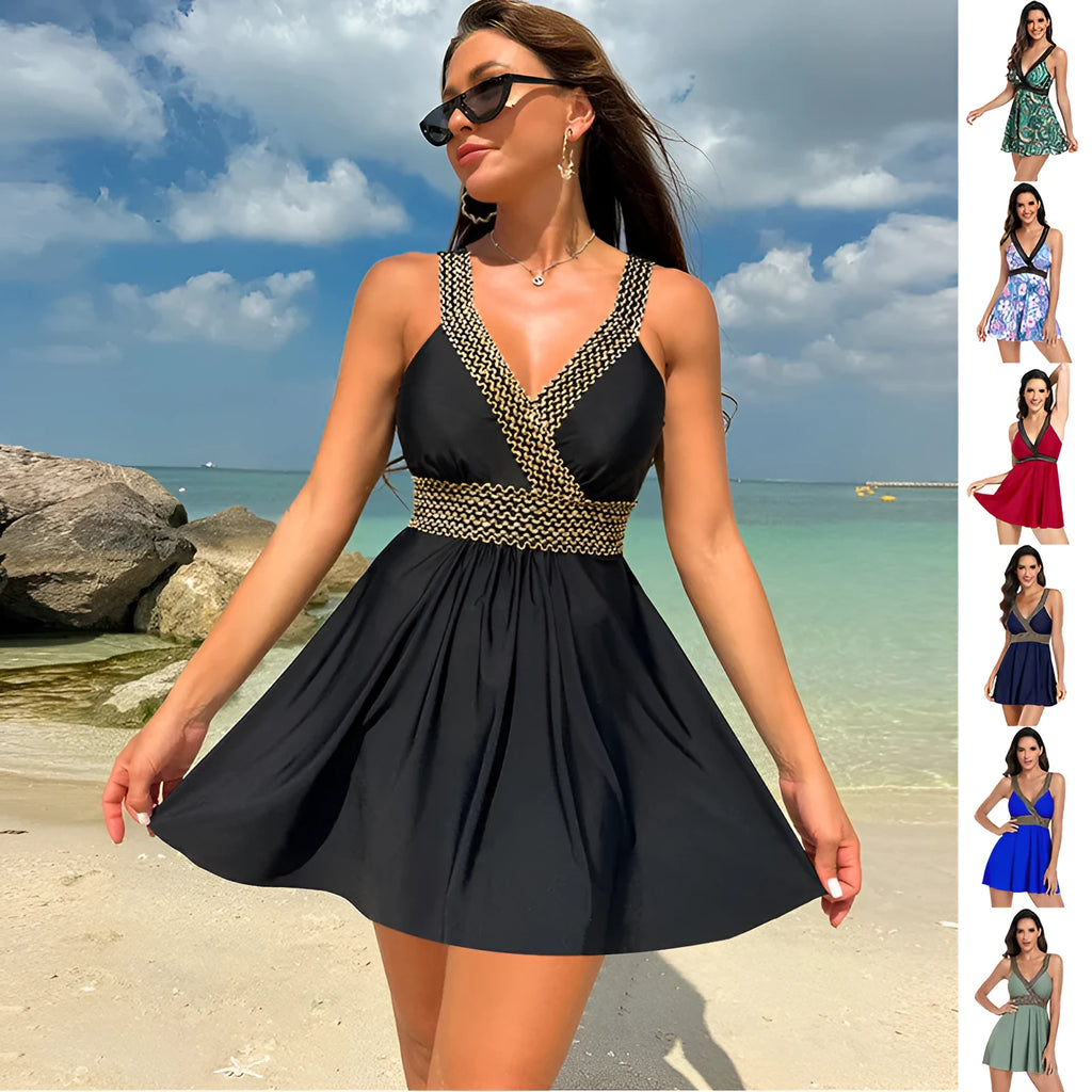 Women's v-neck printed swimsuit dress beach cover-up in multiple colour options
