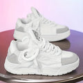 Men's white chunky Harajuku sneakers with thick rubber sole and synthetic leather upper.
