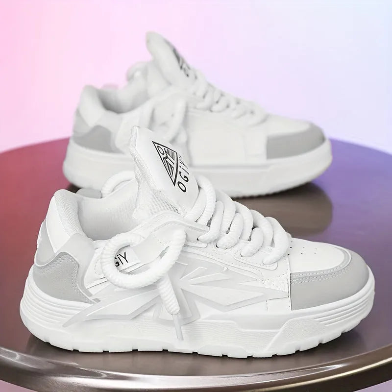 Men's white chunky Harajuku sneakers with thick rubber sole and synthetic leather upper.