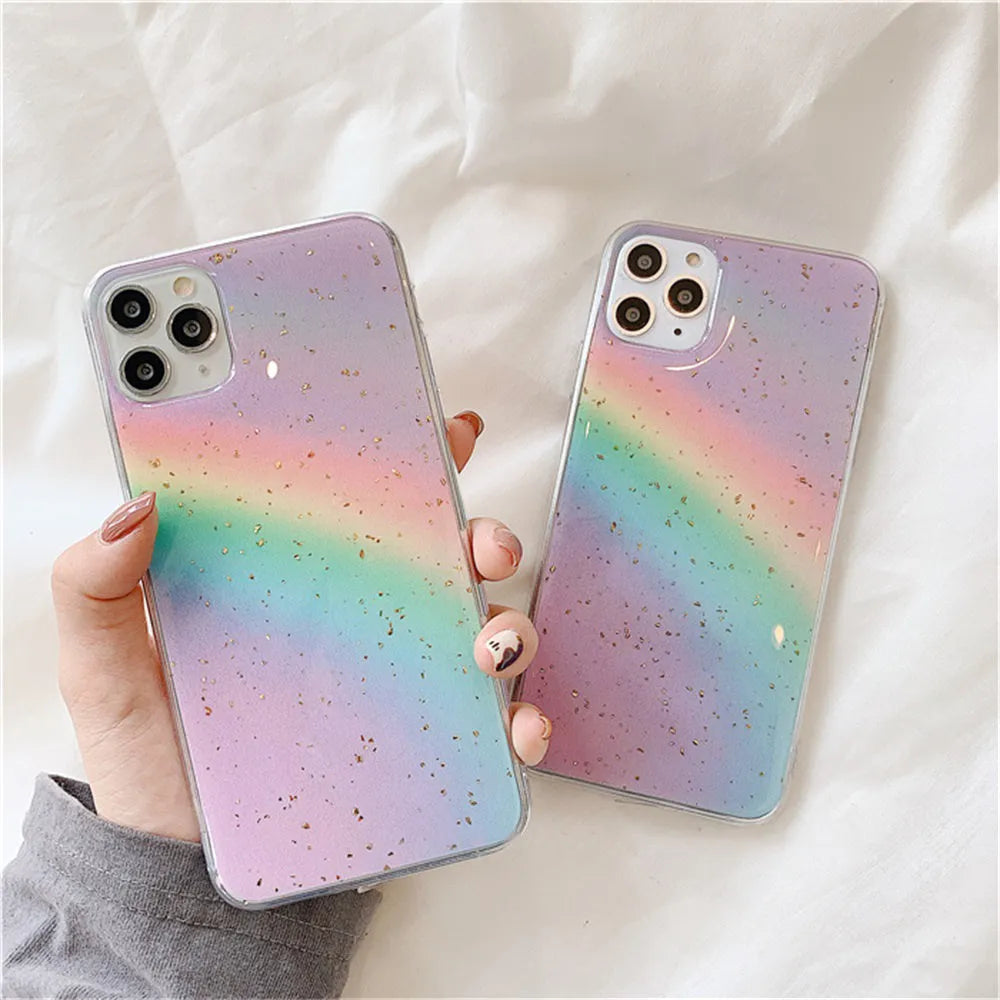 A gradient rainbow coloured TPU protective iPhone case with a striped design on a white background.