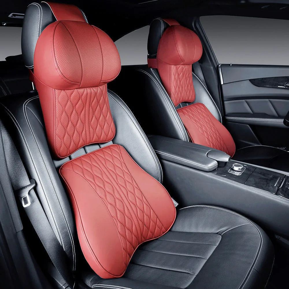 Car neck pillow and lumbar support set with wavy pattern embroidery on leather-look finish