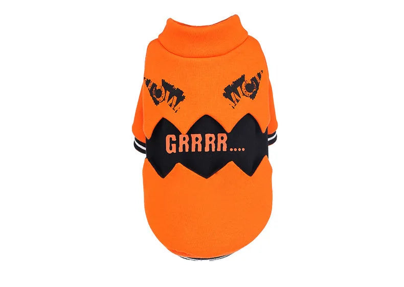 Orange cloth pumpkin costume sweater for dogs in six sizes from XS to XXL on a light background