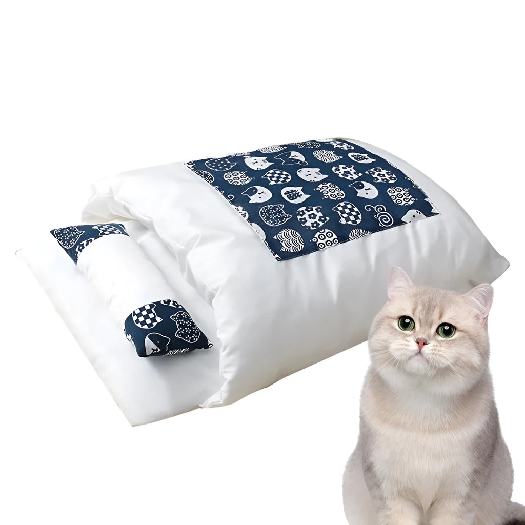 Grey enclosed pet bed for cats and dogs with a removable sleeping bag cover, shown in large size.